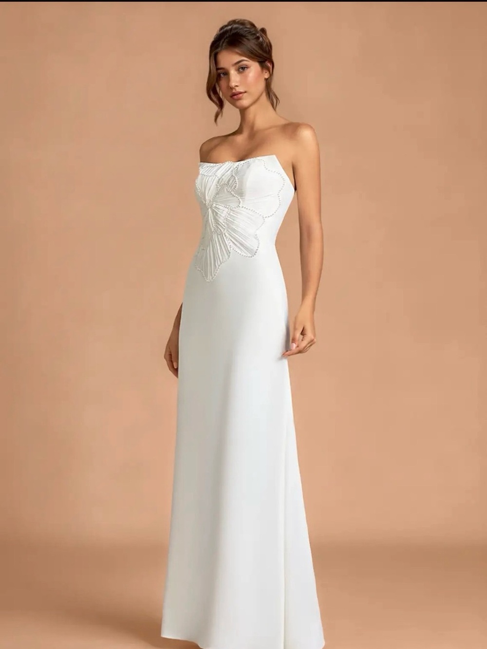 Azazie Strapless White Embroidered Sheath Gown